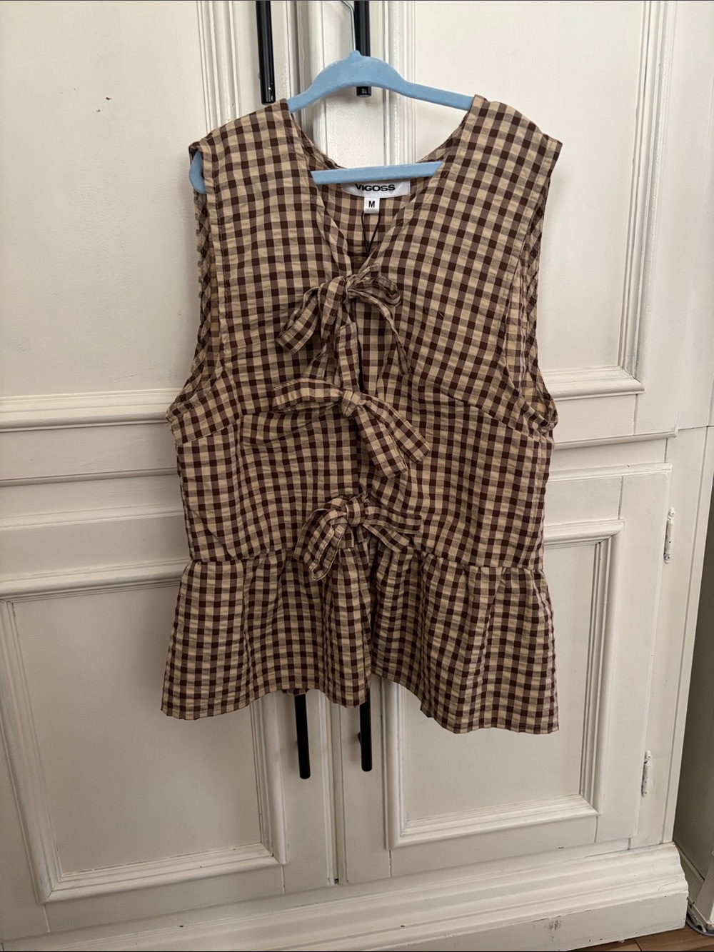 Vigoss Brown and Cream Gingham Tie-Front Peplum Top